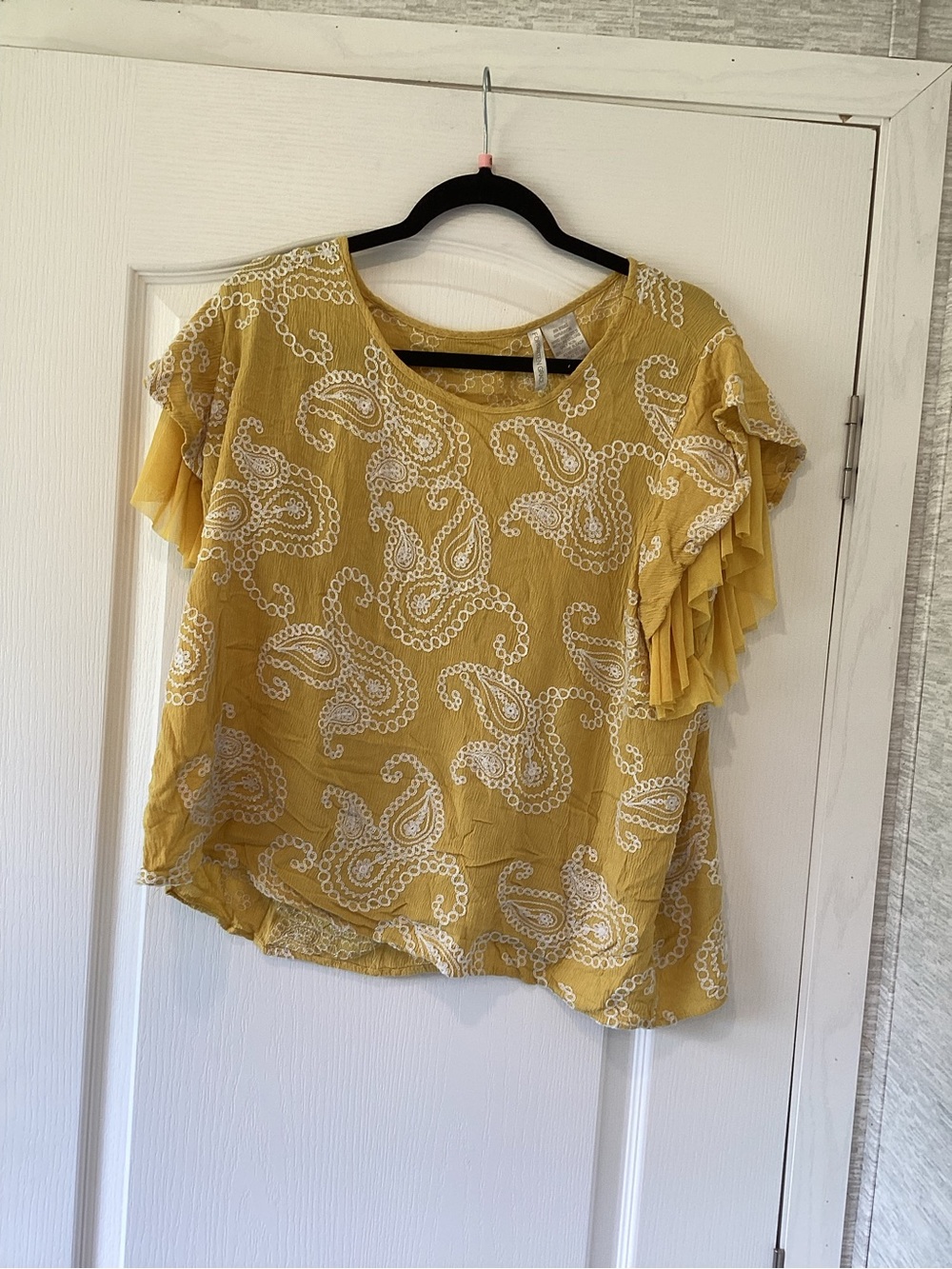 Forgotten Grace Women's Mustard Paisley Ruffle Sleeve Blouse 3XL Euc